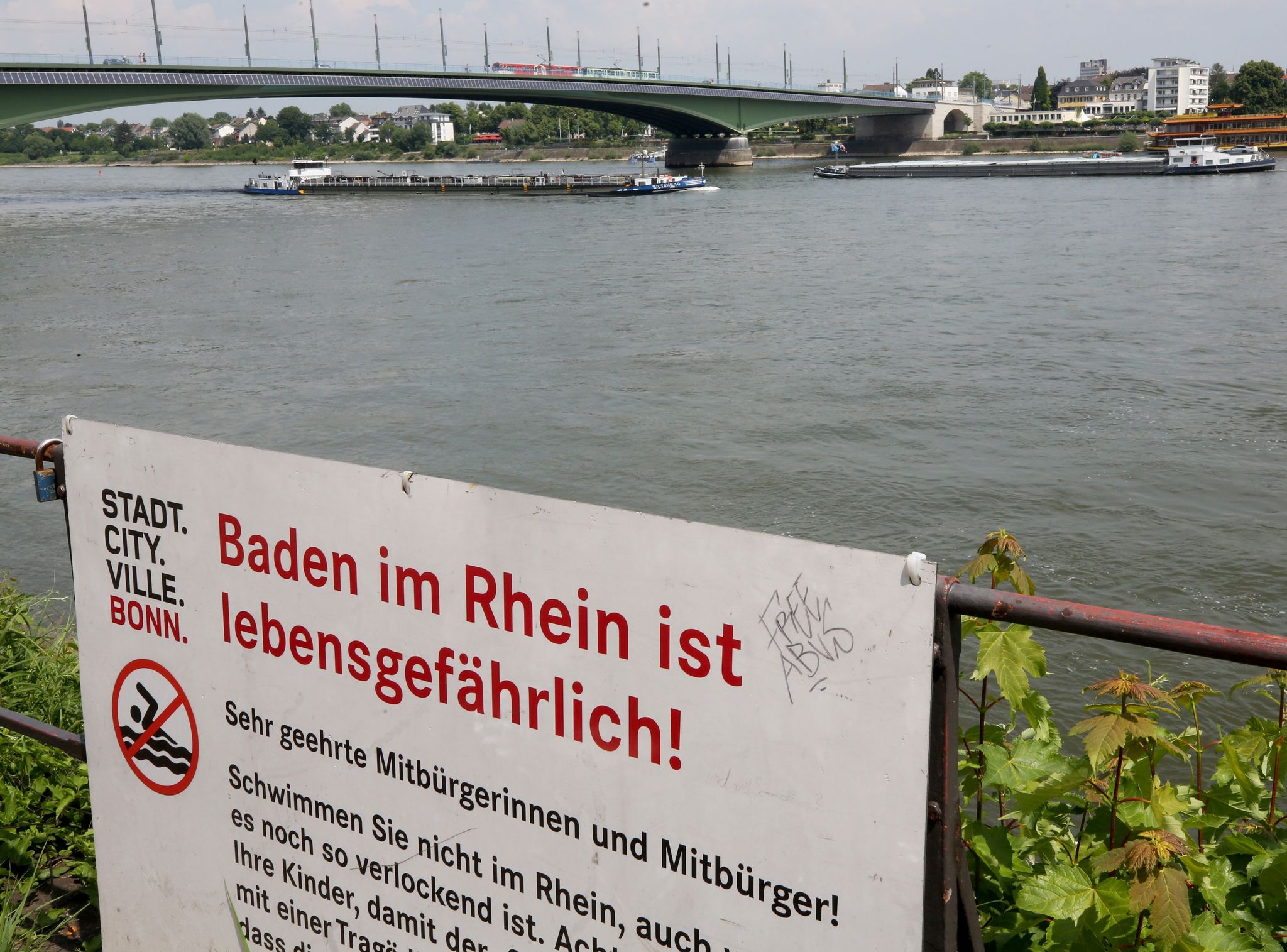 Mit einem Hinweisschild «Baden im Rhein ist lebensgefährlich» warnt die Stadt Bonn die Menschen vor den Gefahren beim Schwimmen im Rhein.